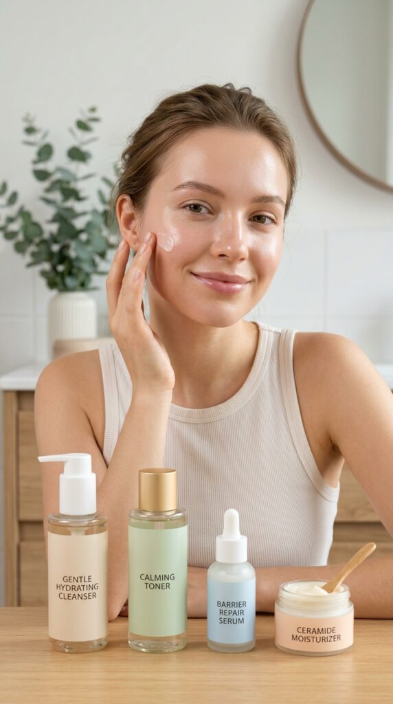 Barrier repair skincare routine with soothing and hydrating products, creating calm, healthy, and strengthened skin with a soft natural glow