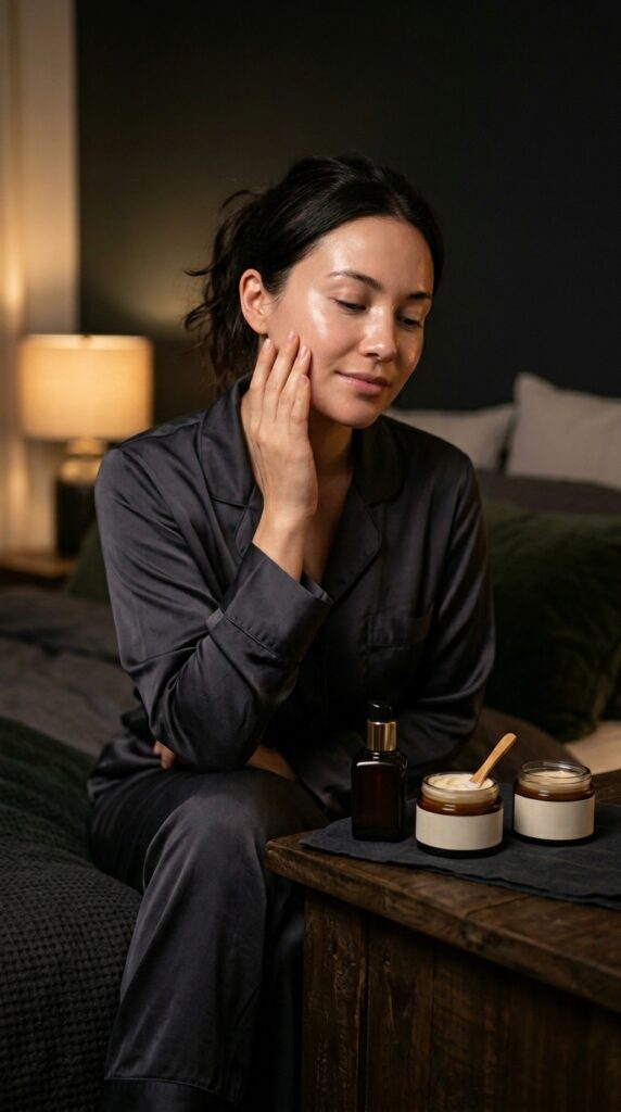 Overnight repair skincare routine with nourishing serum and night cream, creating hydrated, smooth, and glowing skin with a calming nighttime aesthetic
