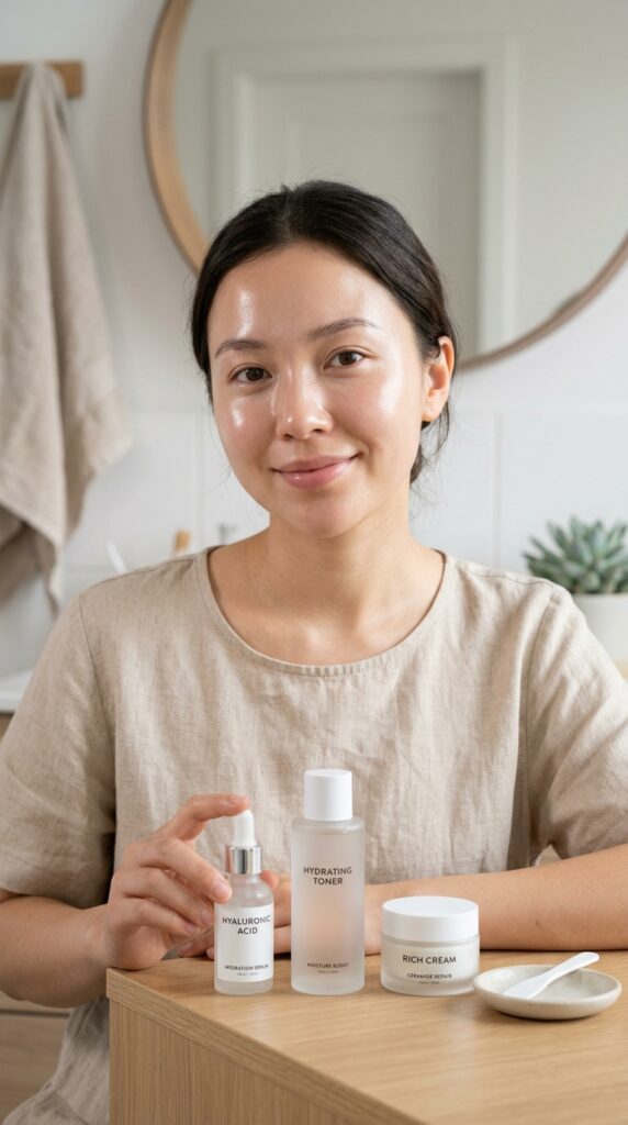Hydration-focused skincare routine with dewy glowing skin and moisturizing products, creating a fresh, plump, and healthy glass-skin aesthetic