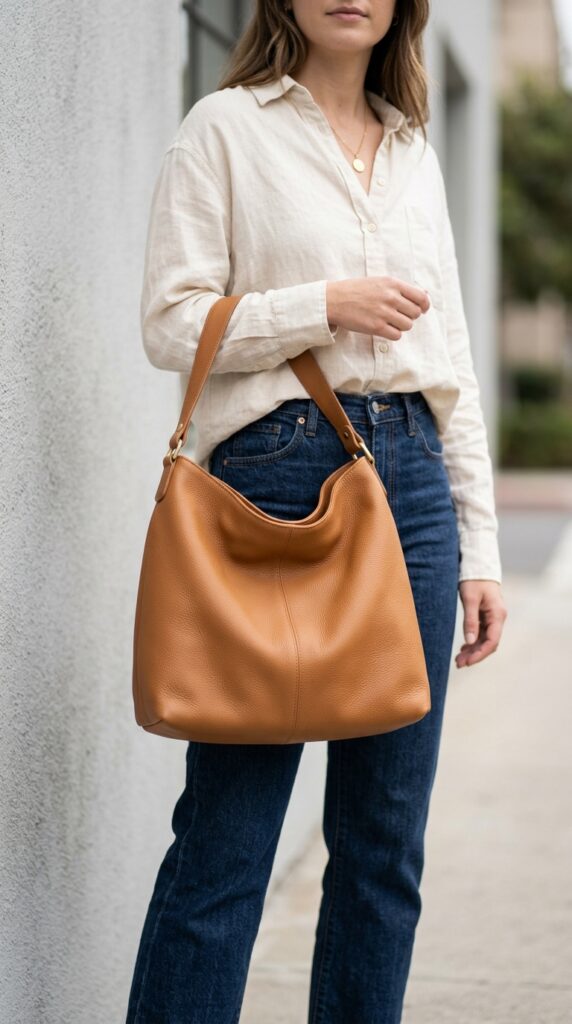 Soft leather slouchy bag with a relaxed silhouette, creating a modern, effortless, and chic accessory perfect for everyday casual-luxury style