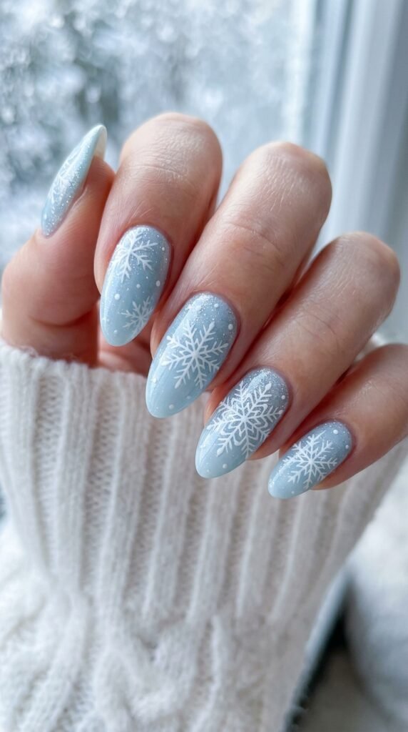 Snowflake nail art with delicate white designs and a frosty winter aesthetic, creating a clean, elegant, and festive manicure look