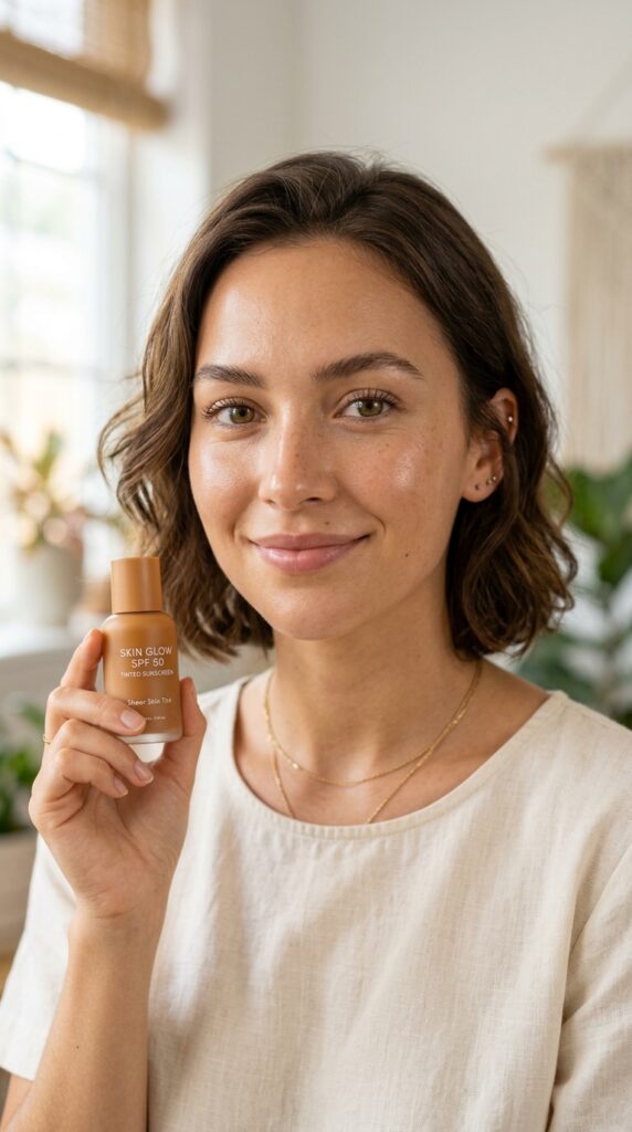 Tinted sunscreen and SPF skin tint with sheer coverage and a natural glow, creating a fresh, even-toned, and lightweight everyday skin look