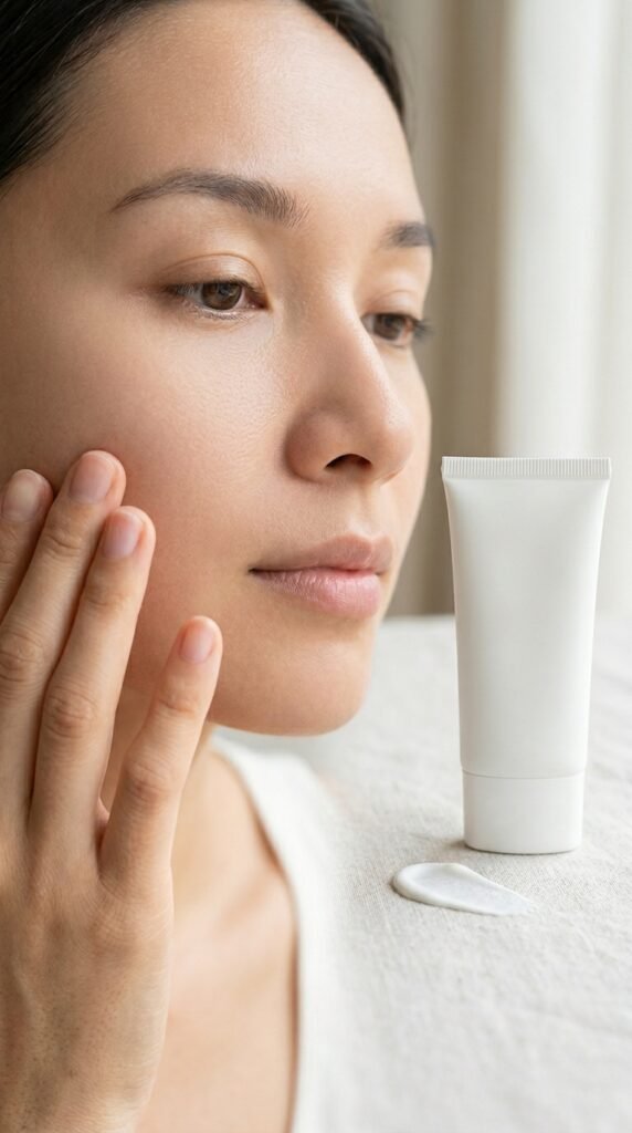 Oil-free sunscreen with a lightweight matte finish, creating a clean, non-greasy, and balanced skincare look ideal for oily and acne-prone skin