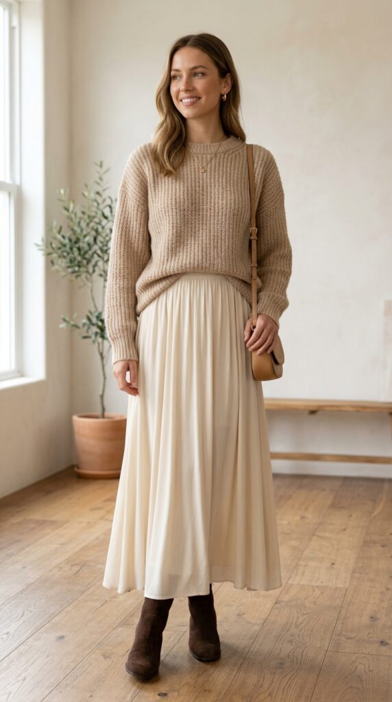 Sweater and maxi skirt combo creating a cozy, feminine, and effortlessly chic outfit with a soft, elegant silhouette perfect for transitional seasons