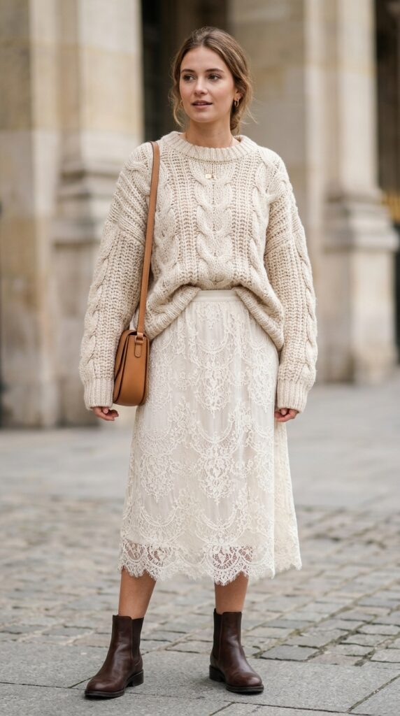 Lace skirt paired with an oversized sweater creating a cozy, feminine, and effortlessly chic outfit with a soft and elegant contrast between textures