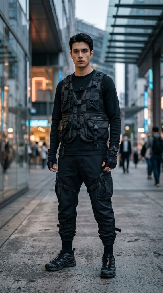 Techwear outfit with a utility vest and joggers, creating a futuristic, functional, and modern streetwear look with a bold urban aesthetic