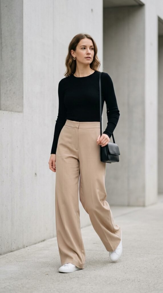 Wide-leg trousers paired with a fitted top, creating a balanced, modern, and effortlessly chic outfit with a clean and elegant silhouette
