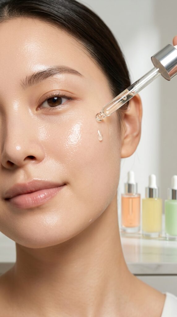 Hydrating Vitamin C serum creating a radiant, glowing, and moisturized complexion with a fresh and luminous skincare aesthetic