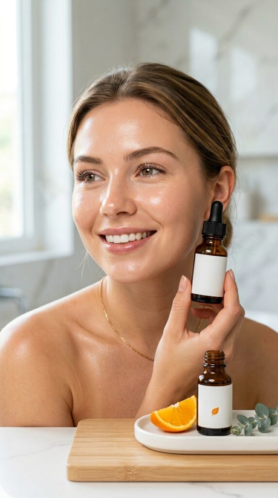 Vitamin C brightening treatment with glowing radiant skin and serum application, creating a fresh, luminous, and even-toned complexion with a clean skincare aesthetic