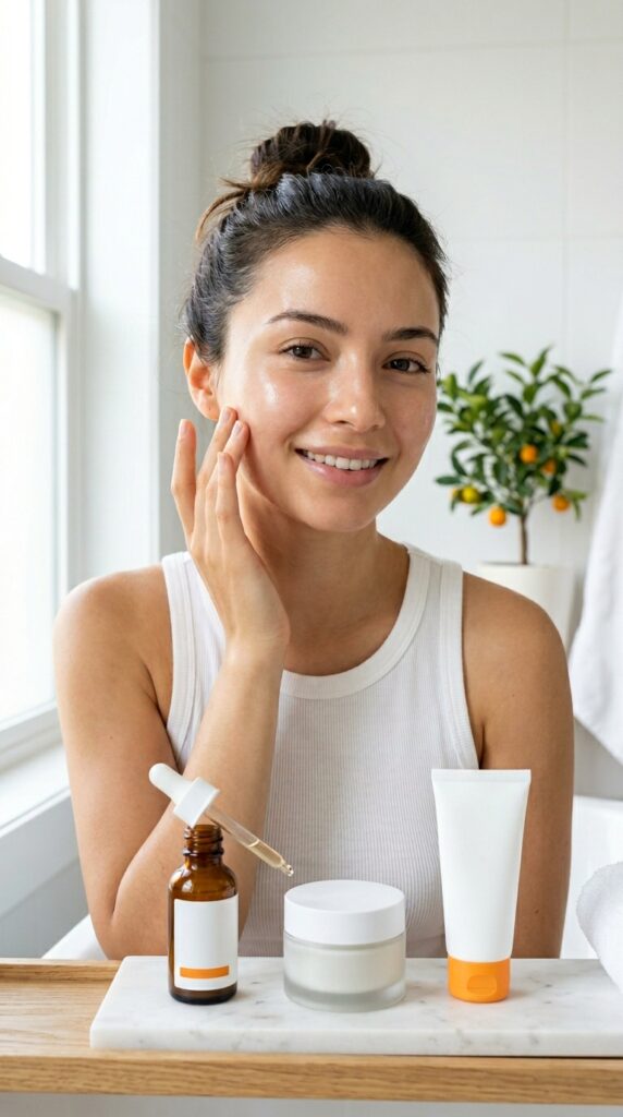 Vitamin C brightening skincare routine with glowing radiant skin and serum application, creating a fresh, even-toned, and luminous complexion with a clean aesthetic