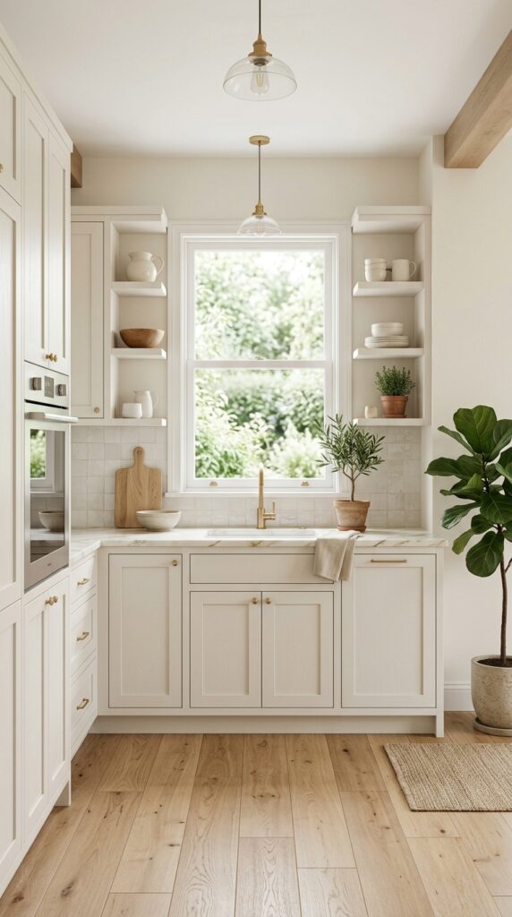 Soft white and off-white kitchen with warm neutral tones, creating a bright, cozy, and modern minimalist interior with a clean and elegant aesthetic