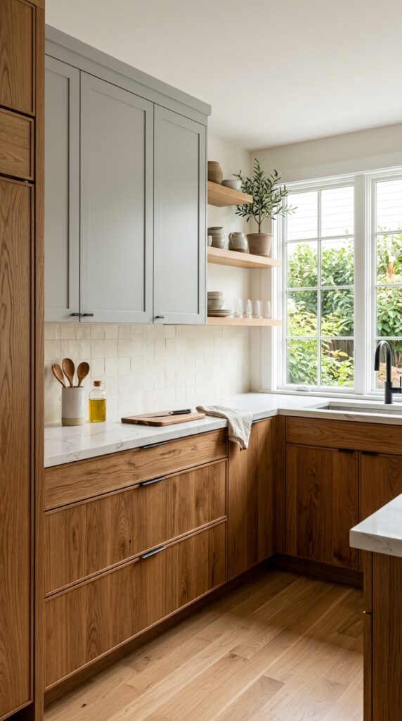 Kitchen with wood and painted cabinets combining natural textures and soft colors, creating a warm, modern, and balanced two-tone interior design aesthetic