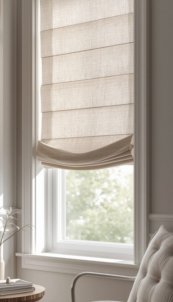 Roman shades with clean folds and neutral tones, creating a modern, elegant, and minimalist window treatment with soft natural light
