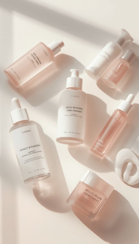 Korean skincare inspired routine with toner, essence, serum, and moisturizer, creating a hydrated glass-skin glow with a clean and minimal aesthetic