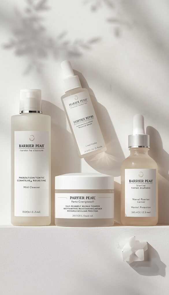 Barrier repair skincare routine with gentle cleanser, ceramide moisturizer, and hydrating products, creating a soothing, nourishing, and skin-protecting routine for healthy glowing skin