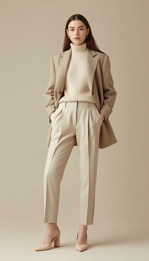 Beige and neutral tones outfit with layered textures and soft colors, creating a chic, minimalist, and effortlessly elegant fashion look