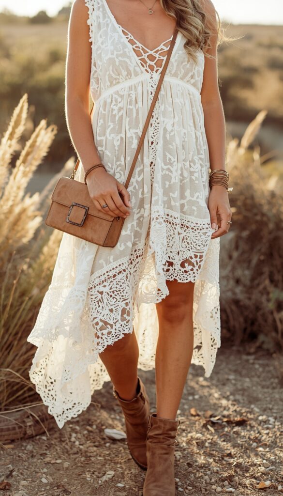 Boho lace dress styled with boots creating a free-spirited, feminine, and effortlessly chic outfit with a perfect blend of romantic and edgy bohemian style