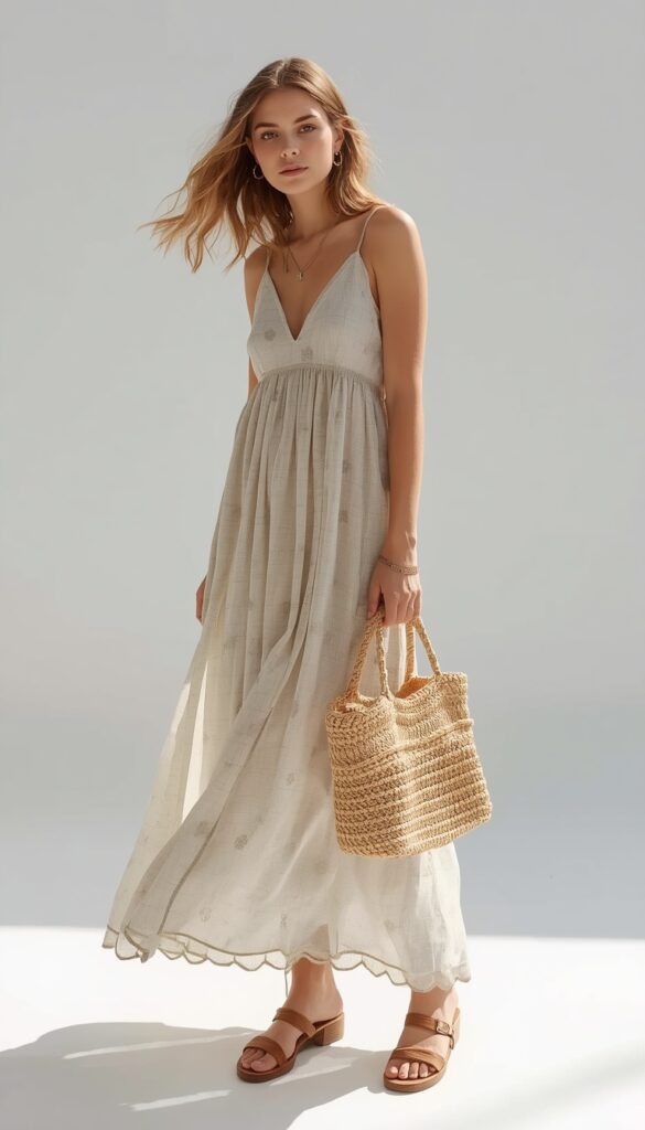 Boho maxi dress with a crochet tote bag, creating a relaxed, stylish, and effortlessly chic summer outfit with a natural bohemian aesthetic