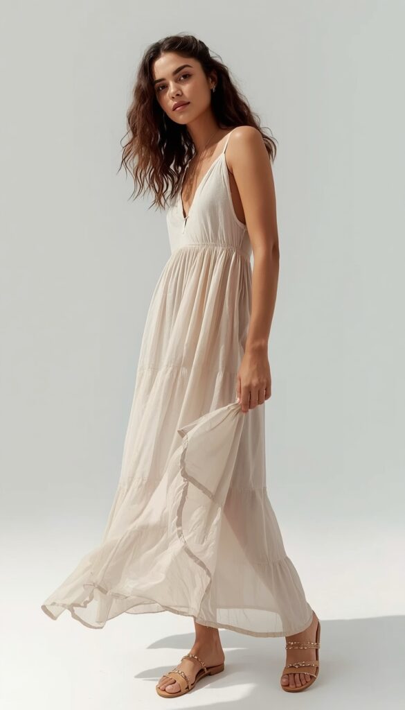 Flowy maxi dress with a soft, airy silhouette, creating an elegant, feminine, and effortlessly chic outfit perfect for summer and casual occasions