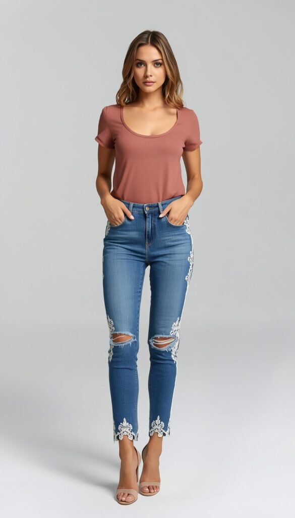 Lace detail jeans outfit combining classic denim with delicate lace accents, creating a chic, feminine, and modern casual look with a stylish twist