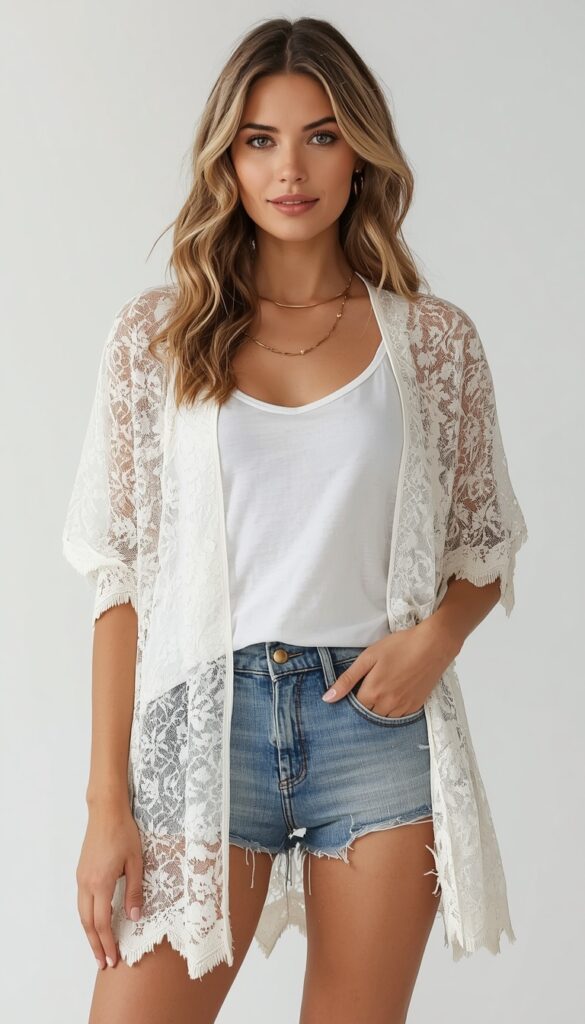 Lace kimono layered over a basic outfit creating a chic, feminine, and effortlessly stylish look with soft texture and modern casual elegance