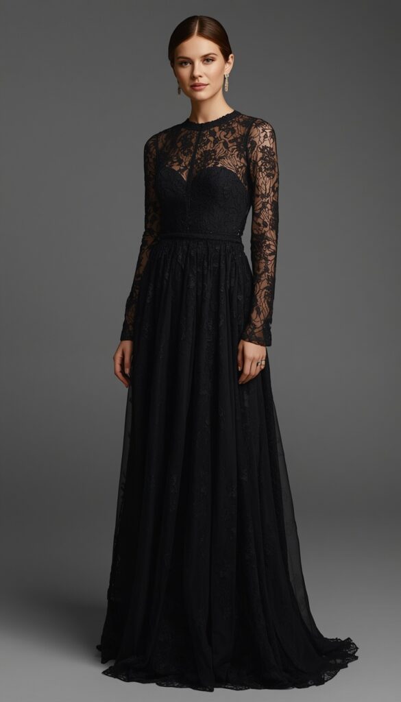 Lace maxi dress for evening events with a flowing elegant silhouette, creating a glamorous, sophisticated, and timeless outfit perfect for formal occasions