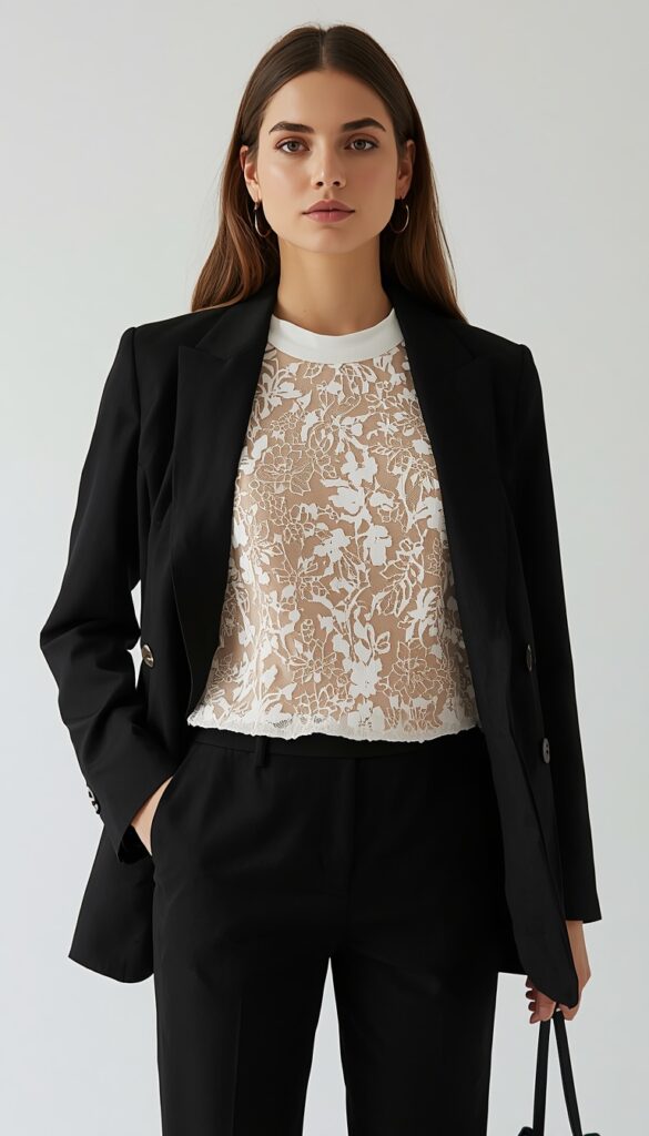 Lace top with a blazer creating a chic, elegant, and modern outfit that blends feminine detail with structured tailoring for a polished and sophisticated look