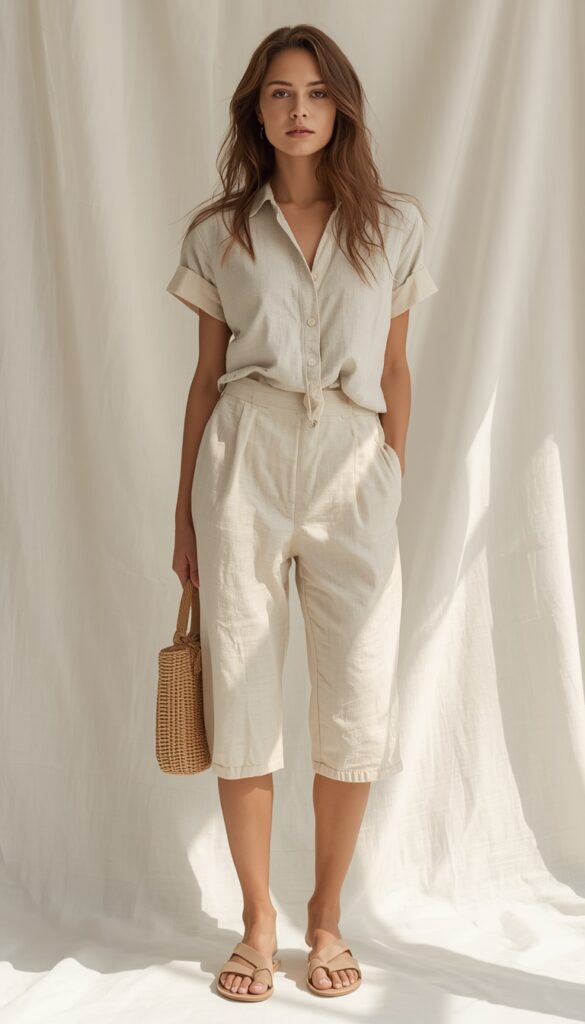 Linen co-ord set with a matching top and bottom in breathable fabric, creating a relaxed, minimalist, and effortlessly chic summer outfit with natural tones