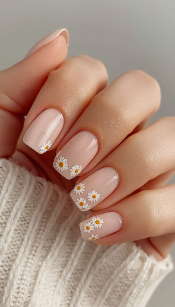 Minimal daisy nail design with tiny white flowers on a nude base, creating a fresh, cute, and simple manicure with a soft feminine aesthetic