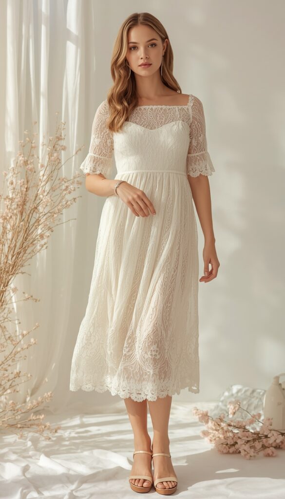 Pastel lace dress for spring in soft feminine colors, creating a fresh, romantic, and elegant outfit perfect for a light seasonal aesthetic