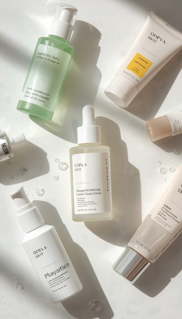 Salicylic acid skincare routine with cleanser, BHA treatment, moisturizer, and sunscreen, creating a clean, effective, and minimal acne-focused skincare setup