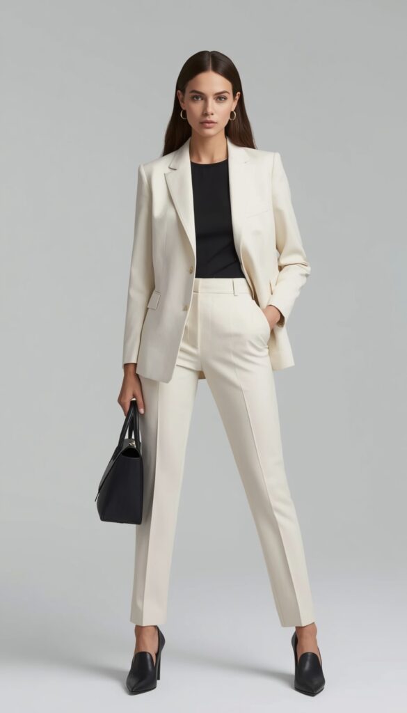 Tailored blazer with slim pants creating a sleek, modern, and polished outfit with a clean and elegant silhouette perfect for work or chic everyday style