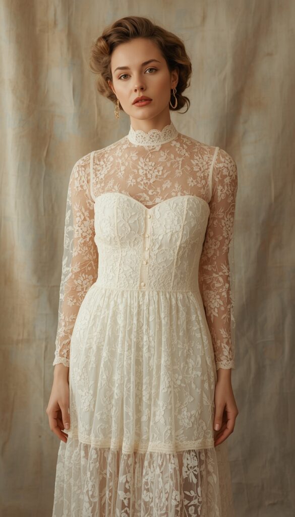 Vintage-inspired lace outfit with delicate details and soft tones, creating a timeless, romantic, and elegant fashion look with classic retro charm