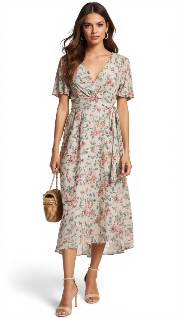 Wrap dress outfit with a tied waist and flowy silhouette, creating a flattering, feminine, and effortlessly chic fashion look