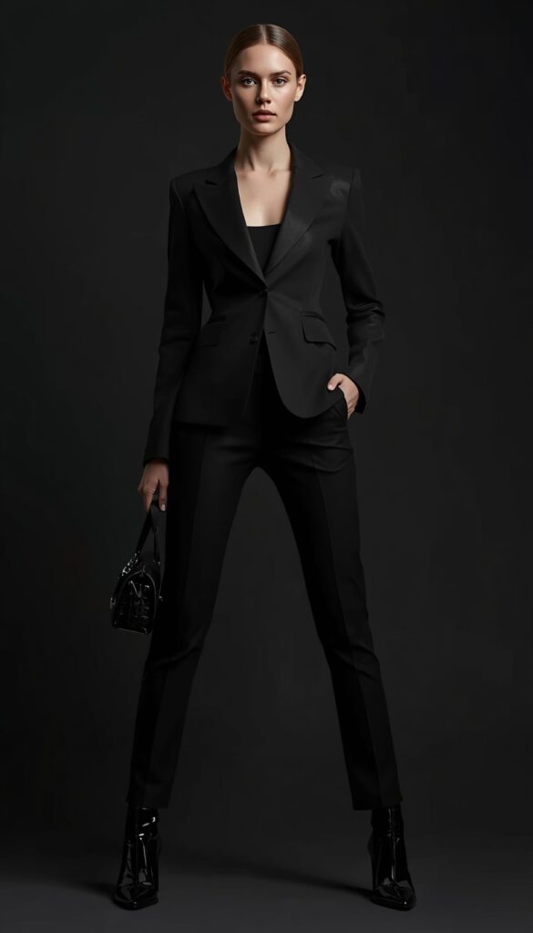 All-black chic outfit with a sleek monochrome style, creating a bold, elegant, and timeless fashion look with modern sophistication