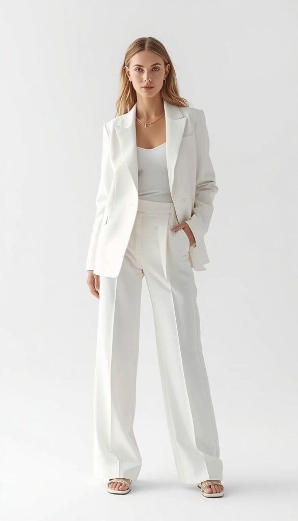 All-white minimalist look with clean lines and a monochrome aesthetic, creating a fresh, modern, and effortlessly elegant outfit style