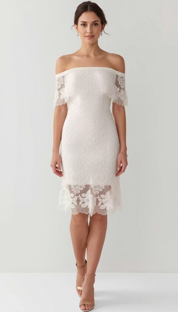 Off-shoulder lace dress with a romantic neckline and elegant silhouette, creating a feminine, chic, and timeless outfit perfect for stylish occasions