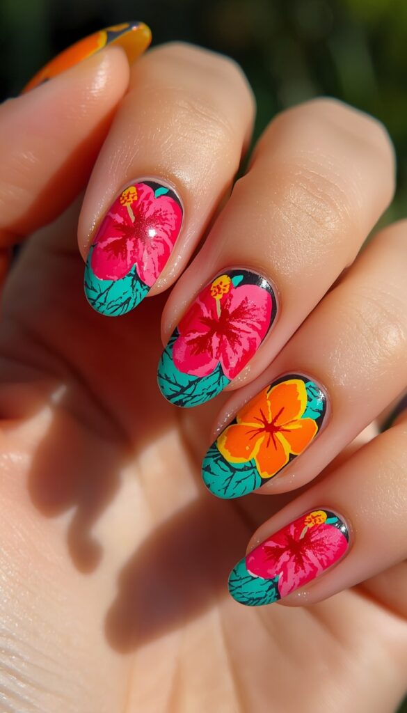 Bold tropical floral nails with vibrant colors and hibiscus designs, creating a bright, fun, and eye-catching summer manicure perfect for a tropical aesthetic
