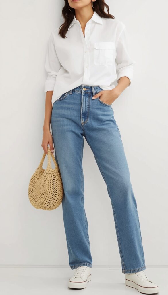 Denim jeans and white shirt paired with a crochet bag, creating a casual, clean, and effortlessly chic outfit with a soft boho touch