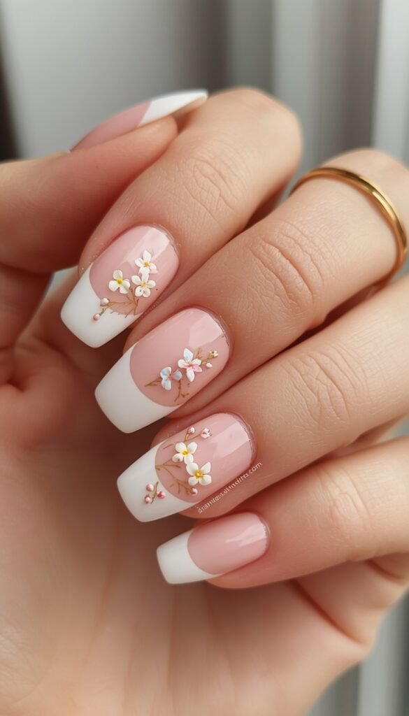 Floral French tip nails with delicate flower designs on a nude base, creating a soft, elegant, and feminine manicure perfect for a fresh and chic look