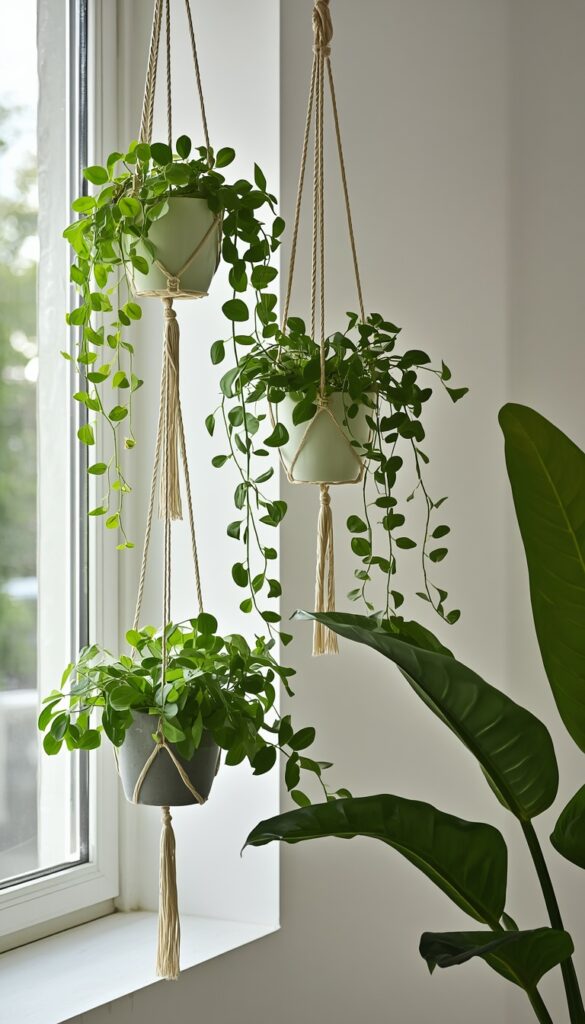 Hanging plants in a bright interior space creating a fresh, natural, and calming home decor look with lush greenery and soft light