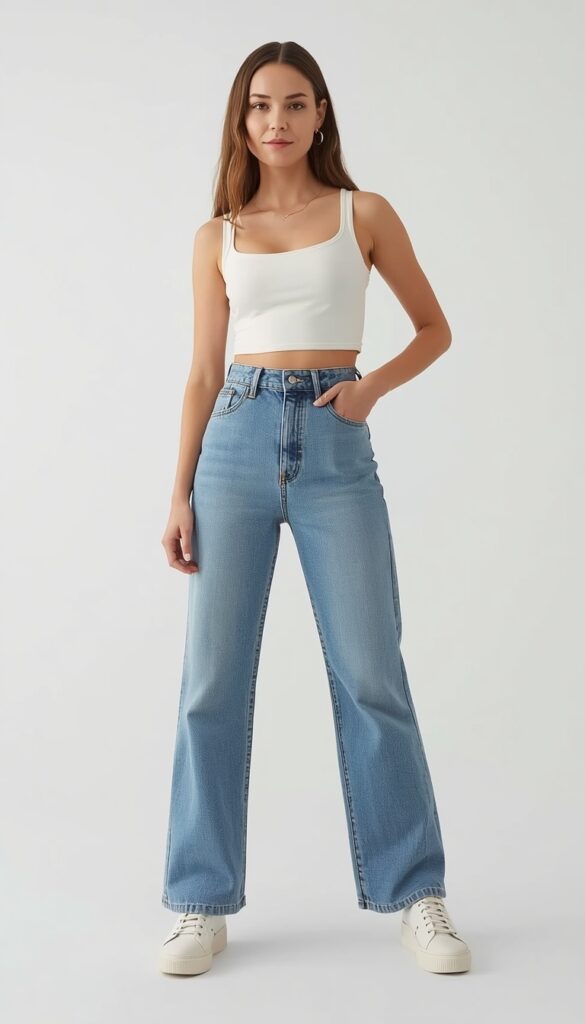 High-waisted jeans with a fitted top creating a flattering, modern, and effortlessly chic outfit with a clean and balanced silhouette