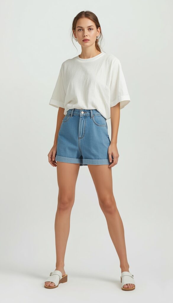 High-waisted shorts with a loose top creating a relaxed, stylish, and effortlessly chic summer outfit with a balanced and modern silhouette