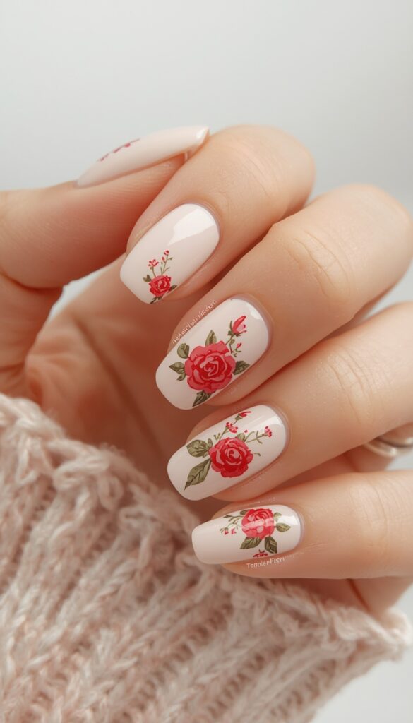 Rose-inspired nail art with delicate floral designs, creating a romantic, elegant, and timeless manicure with soft feminine details