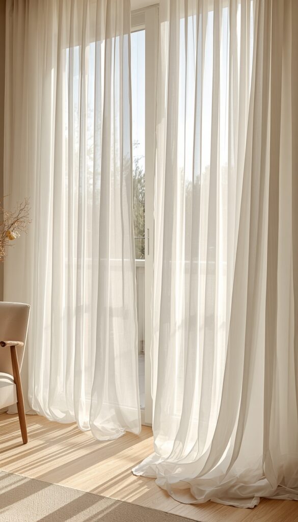 Sheer curtains softly filtering natural light into a bright airy room, creating a calm, elegant, and cozy interior atmosphere
