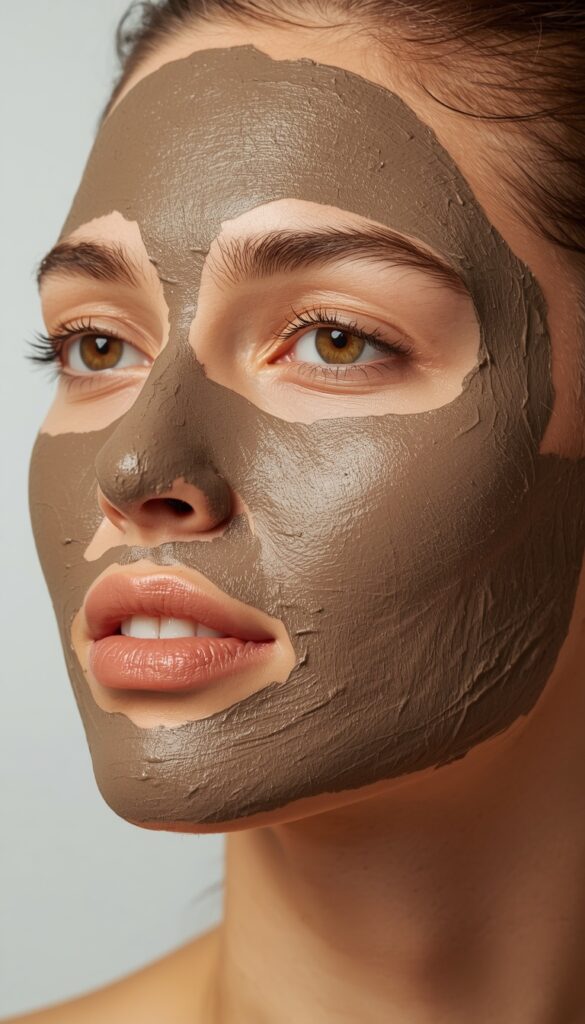 Clay mask applied to skin for weekly detox and deep cleansing, creating a fresh, clear, and oil-balanced skincare routine look