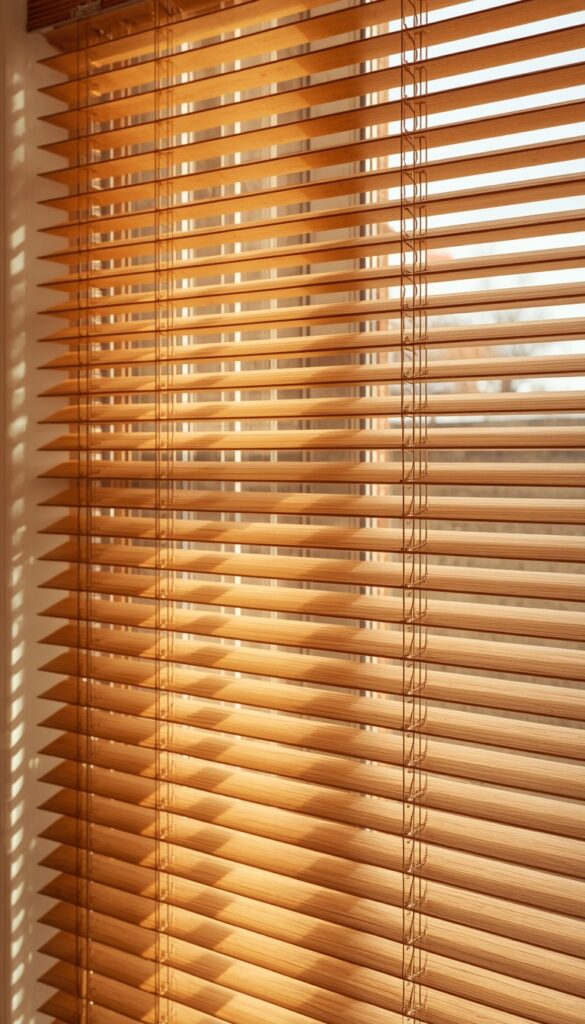 Wooden blinds in warm tones filtering soft natural light, creating a cozy, inviting, and natural interior design aesthetic