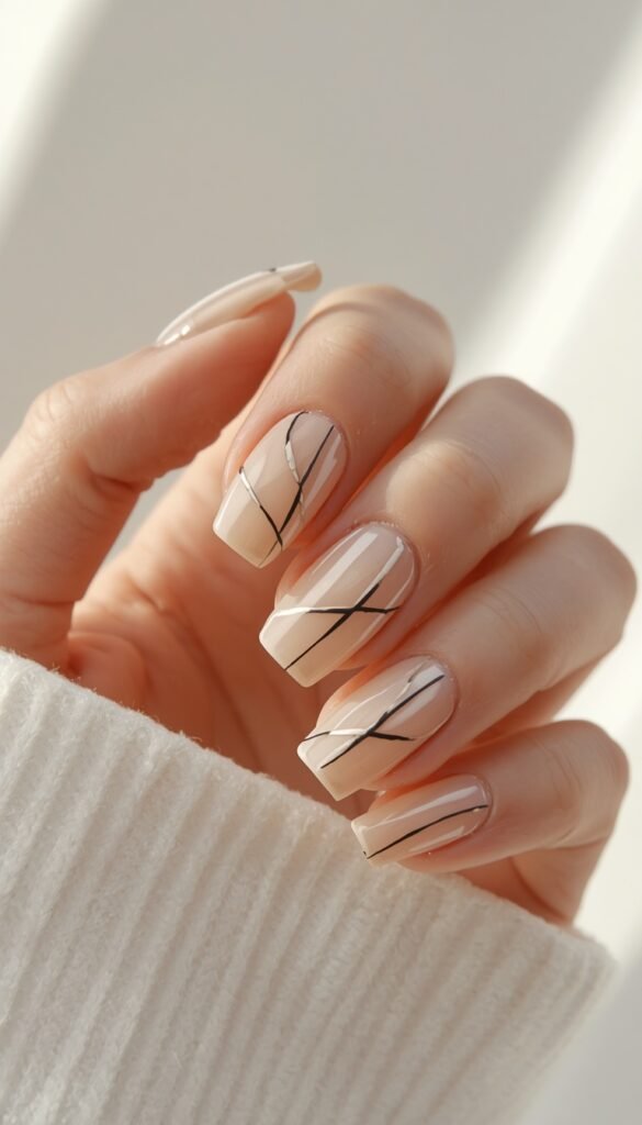 Minimal abstract line nails with ultra-fine detailing on a nude base, creating a luxury, modern, and editorial-style minimalist manicure